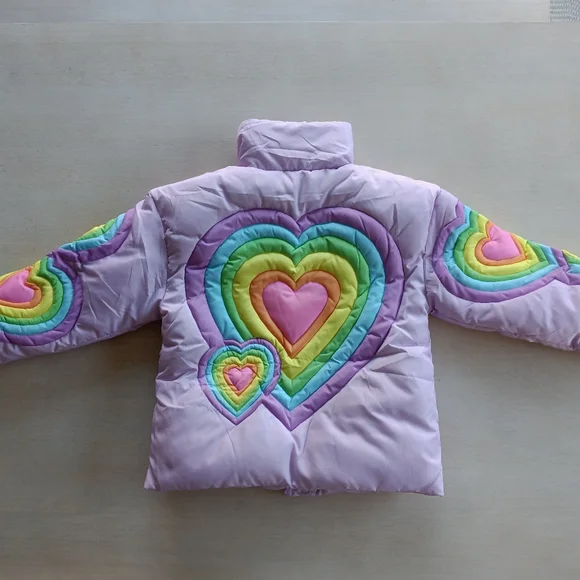 Lola + The Boys Rainbow Pastel Heart Puffer Jacket / Size 8 - Picture 10 of 17